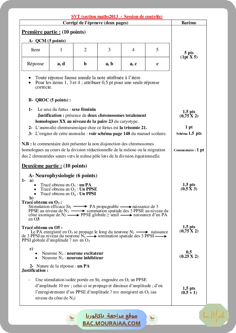 Corrigé controle svt Bac 2013 – Section math